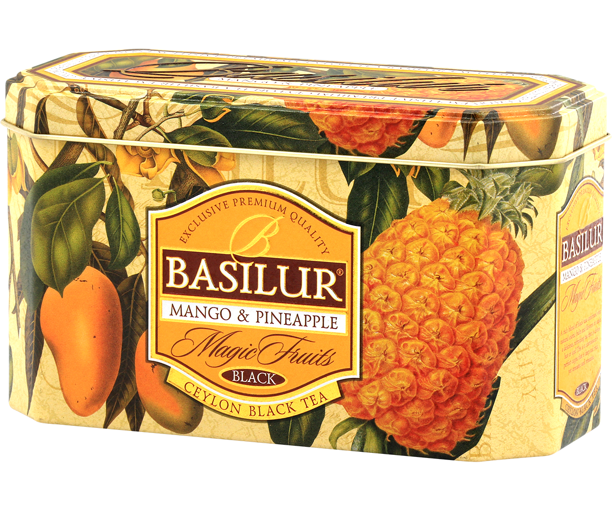 Puszka herbaty Basilur Mango & Pineapple – czarna herbata cejlońska z owocami.