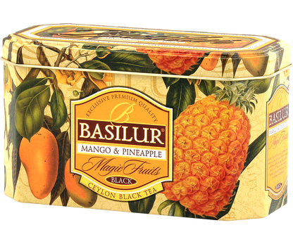 Puszka herbaty Basilur Mango & Pineapple – czarna herbata cejlońska z owocami.