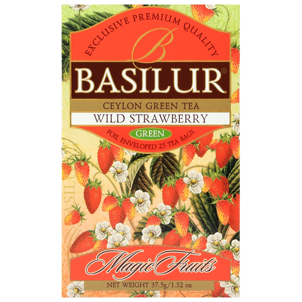 Opakowanie herbaty Basilur Wild Strawberry Magic Fruits z motywem truskawek i kwiatów