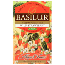 Opakowanie herbaty Basilur Wild Strawberry Magic Fruits z motywem truskawek i kwiatów