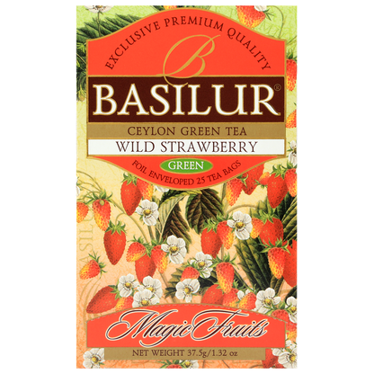 Opakowanie herbaty Basilur Wild Strawberry Magic Fruits z motywem truskawek i kwiatów