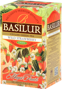 Bok opakowania Basilur Wild Strawberry z motywem truskawek i kwiatów.