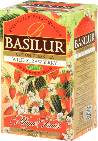 Bok opakowania Basilur Wild Strawberry z motywem truskawek i kwiatów.