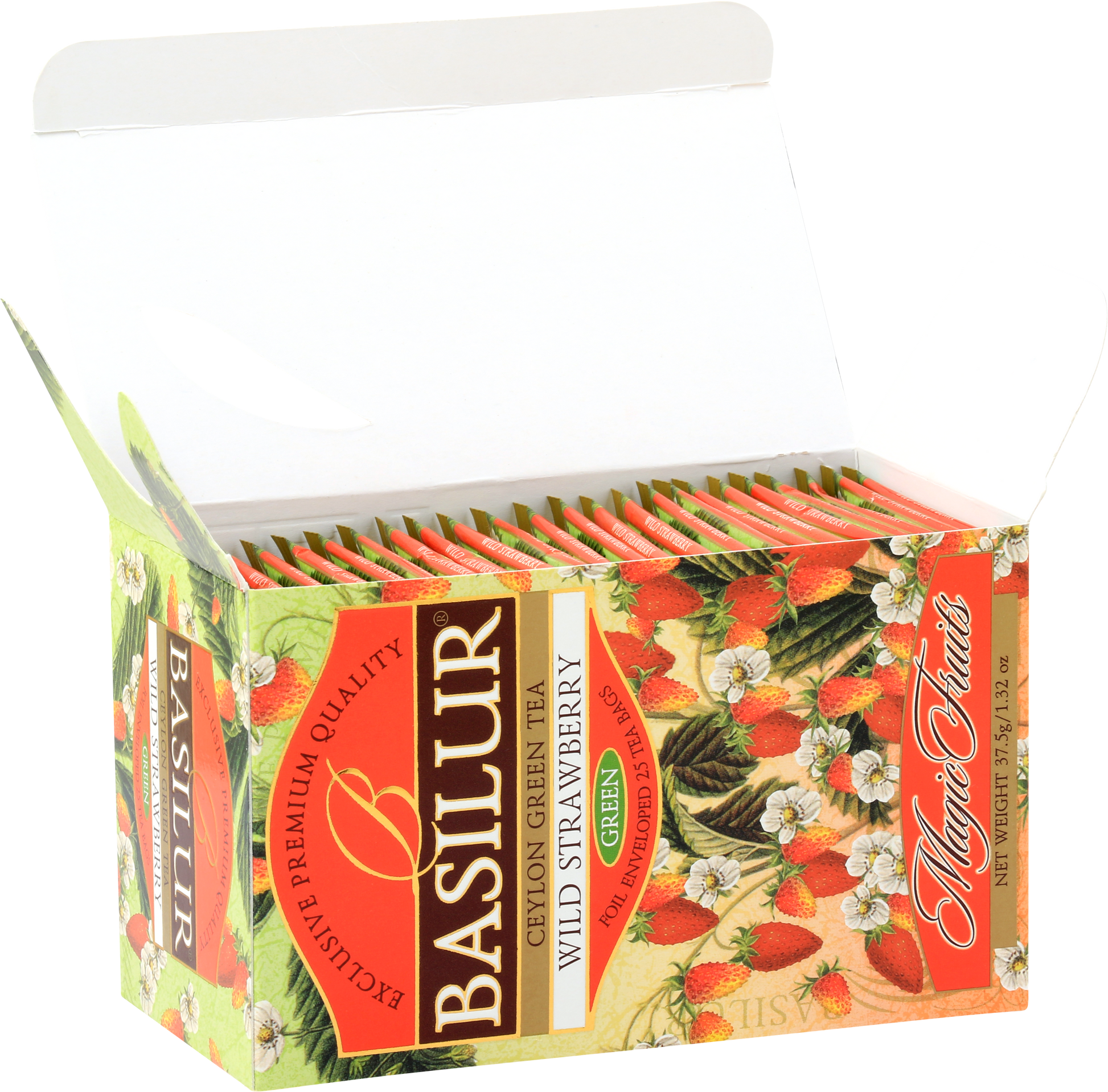 Otwarty kartonik Basilur Wild Strawberry z 25 torebkami zielonej herbaty.