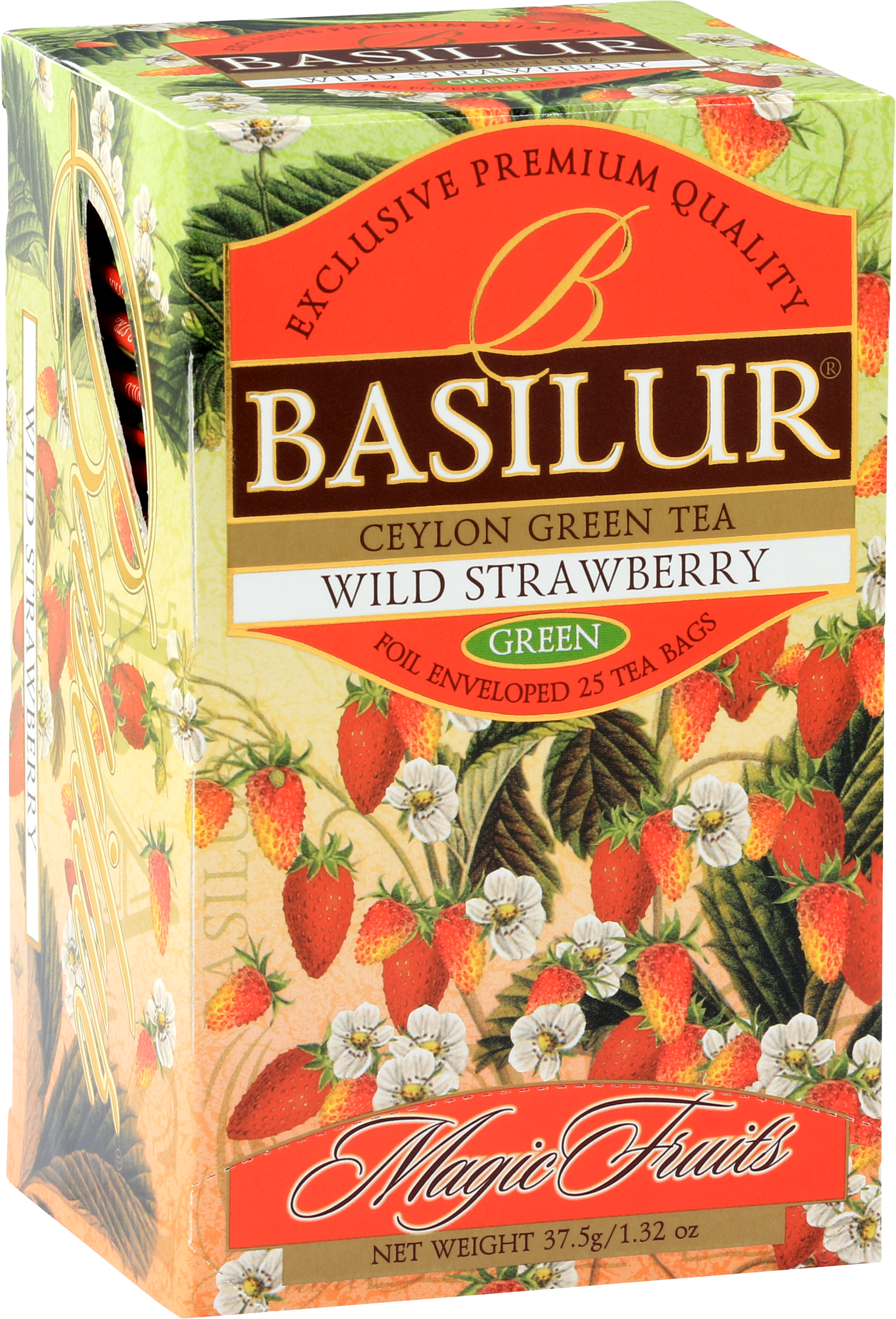 Opakowanie Basilur Wild Strawberry z ilustracjami dzikich truskawek.