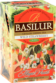 Opakowanie Basilur Wild Strawberry z ilustracjami dzikich truskawek.