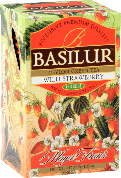 Opakowanie Basilur Wild Strawberry z ilustracjami dzikich truskawek.