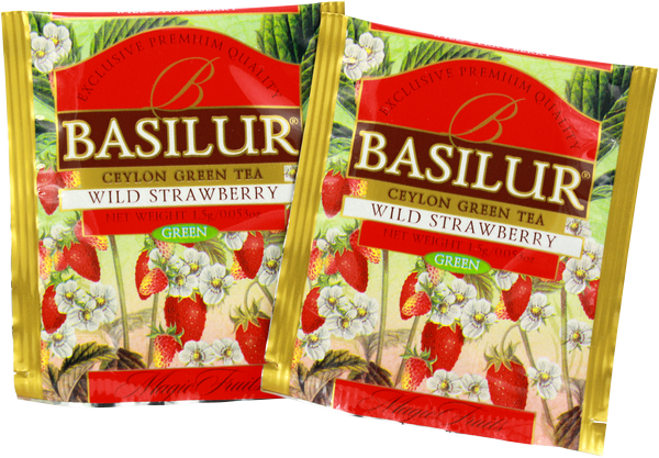 Torebki herbaty Basilur Wild Strawberry z aromatem owoców.