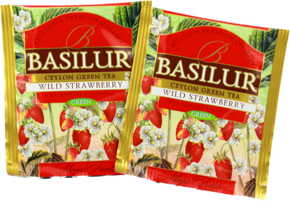 Torebki herbaty Basilur Wild Strawberry z aromatem owoców.