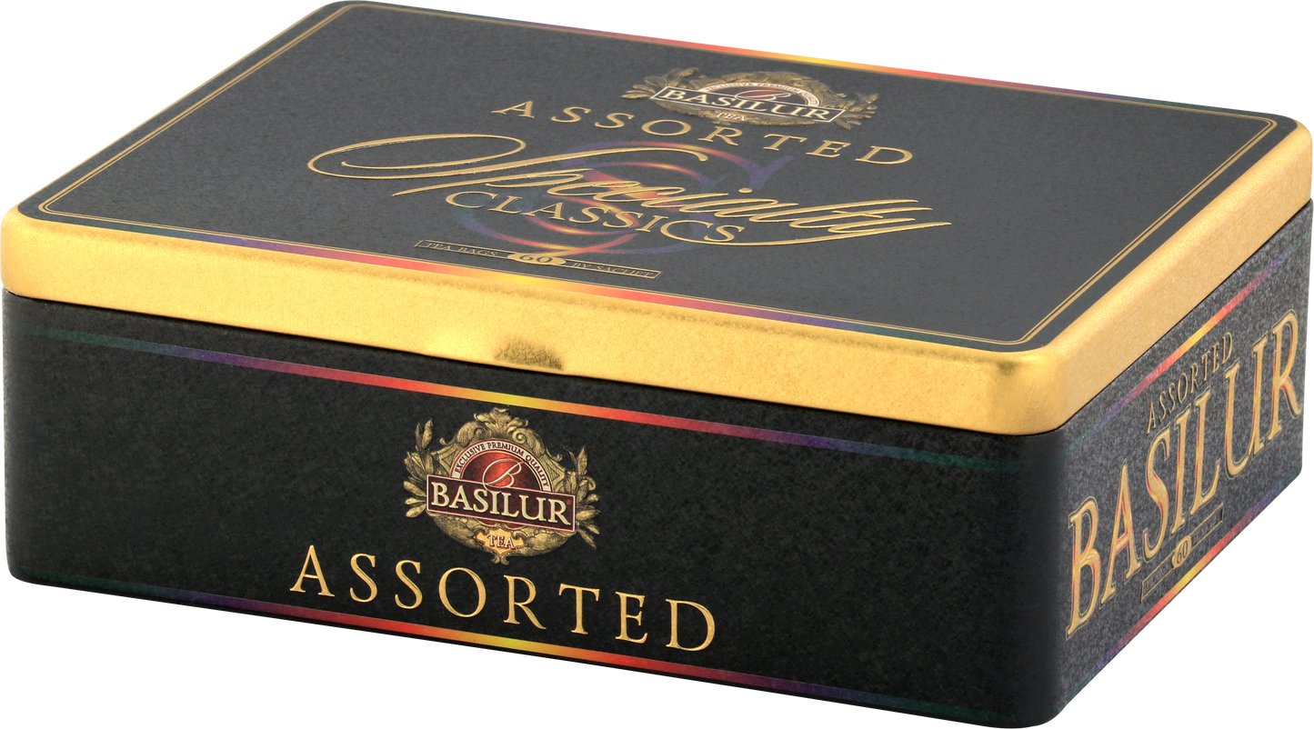 Luksusowa puszka herbat Basilur Specialty Classics z czarno-złotym wykończeniem.