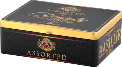 Luksusowa puszka herbat Basilur Specialty Classics z czarno-złotym wykończeniem.