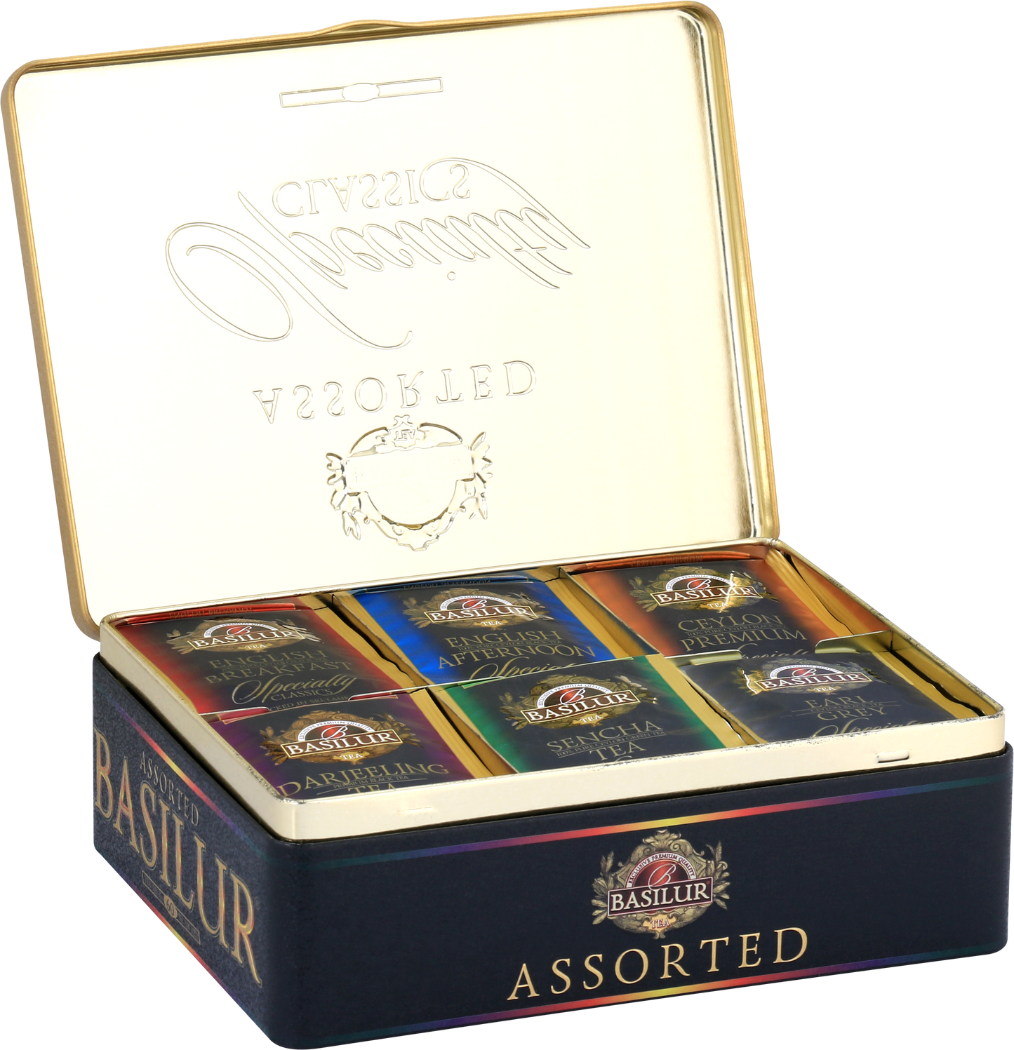 Otwarta puszka Basilur Specialty Classics z sześcioma rodzajami herbat w kopertach.