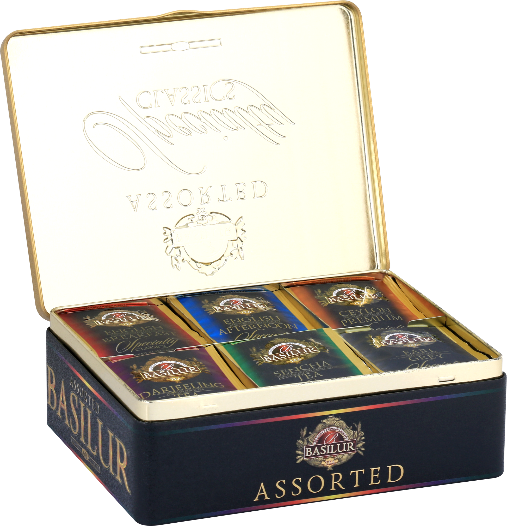 Otwarta puszka Basilur Specialty Classics z sześcioma rodzajami herbat w kopertach.