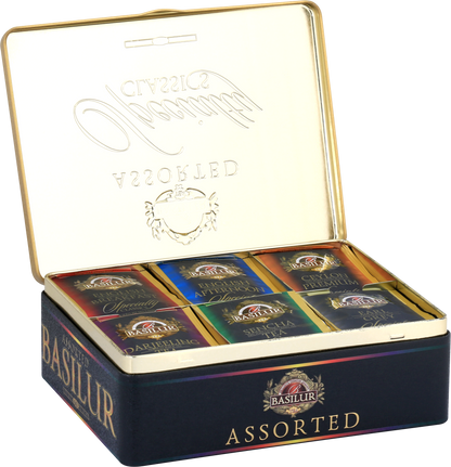 Otwarta puszka Basilur Specialty Classics z sześcioma rodzajami herbat w kopertach.