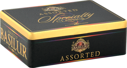 Zestaw herbat Basilur Specialty Classics w metalowym pudełku z logo Basilur.