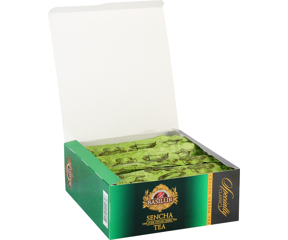 Otwarta paczka Basilur Sencha – koperty z zieloną herbatą z kolekcji Specialty Classics.