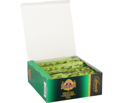 Otwarta paczka Basilur Sencha – koperty z zieloną herbatą z kolekcji Specialty Classics.