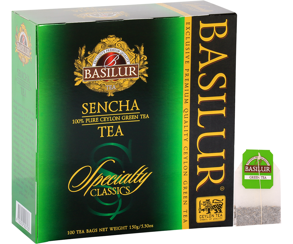 Opakowanie herbaty Basilur Sencha – zielona herbata cejlońska w torebkach.