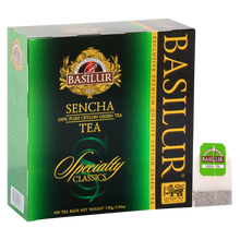 Opakowanie herbaty Basilur Sencha – zielona herbata cejlońska w torebkach.
