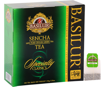Opakowanie herbaty Basilur Sencha – zielona herbata cejlońska w torebkach.