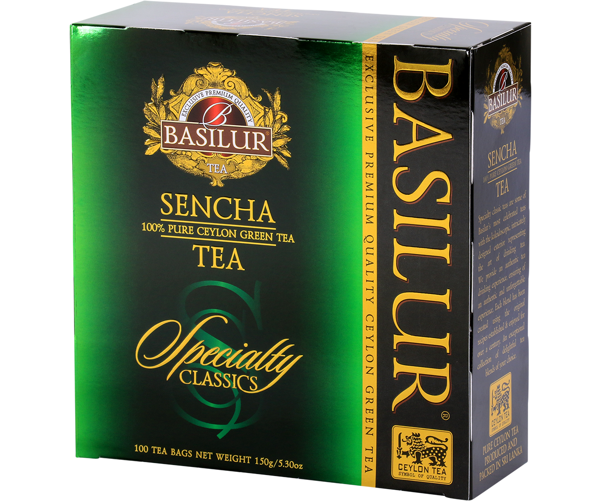 Herbata Basilur Sencha – klasyczne zielone opakowanie premium.