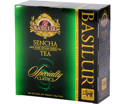 Herbata Basilur Sencha – klasyczne zielone opakowanie premium.