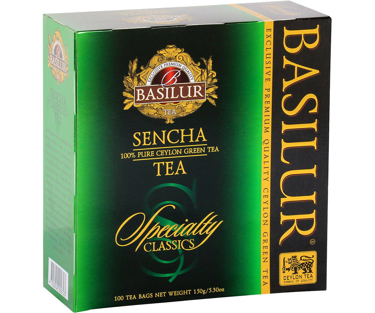 Przód pudełka Basilur Sencha – 100 torebek zielonej herbaty cejlońskiej.
