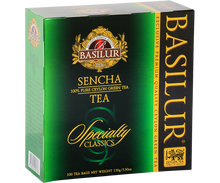 Przód pudełka Basilur Sencha – 100 torebek zielonej herbaty cejlońskiej.