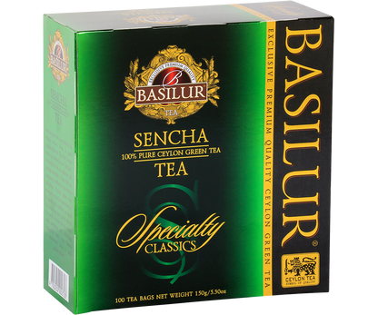 Przód pudełka Basilur Sencha – 100 torebek zielonej herbaty cejlońskiej.