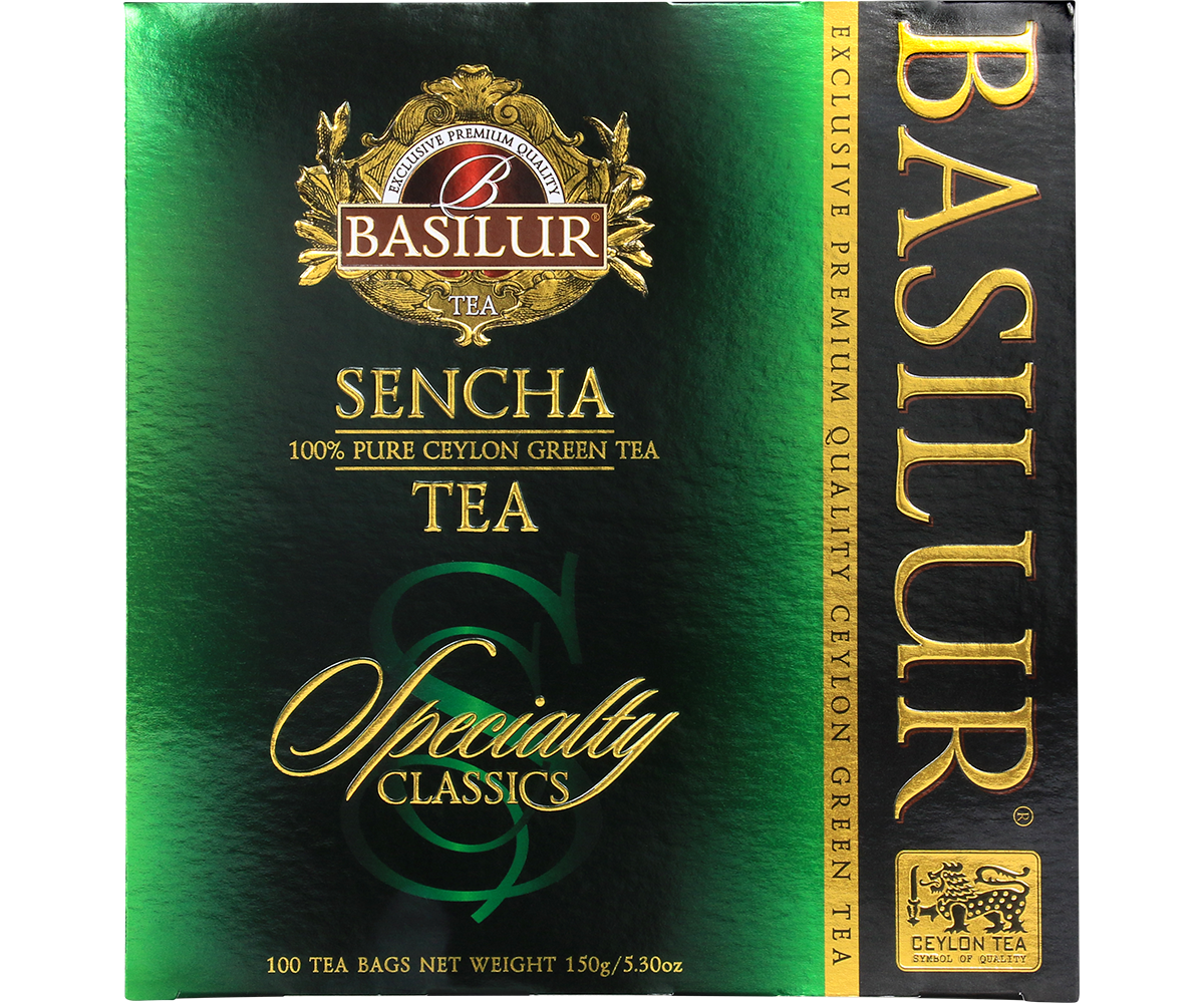 Herbata Basilur Sencha – eleganckie opakowanie w zielono-złotej tonacji.
