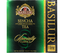 Herbata Basilur Sencha – eleganckie opakowanie w zielono-złotej tonacji.