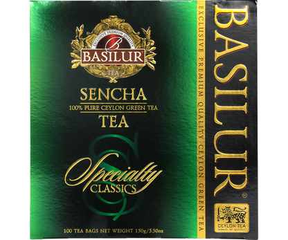 Herbata Basilur Sencha – eleganckie opakowanie w zielono-złotej tonacji.