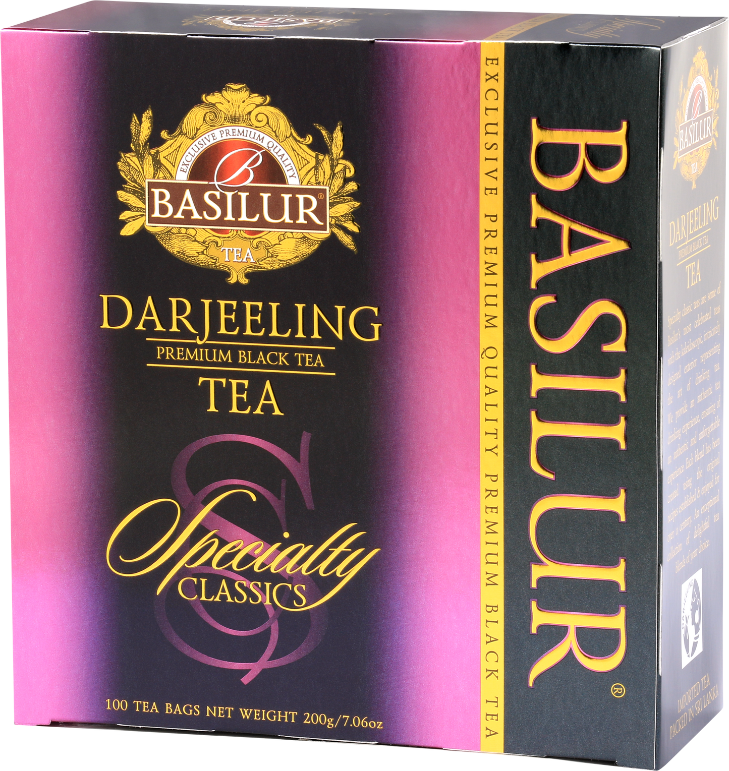 Bok opakowania Basilur Darjeeling – opis i informacje o czarnej herbacie z Indii.