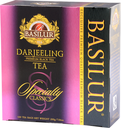 Bok opakowania Basilur Darjeeling – opis i informacje o czarnej herbacie z Indii.