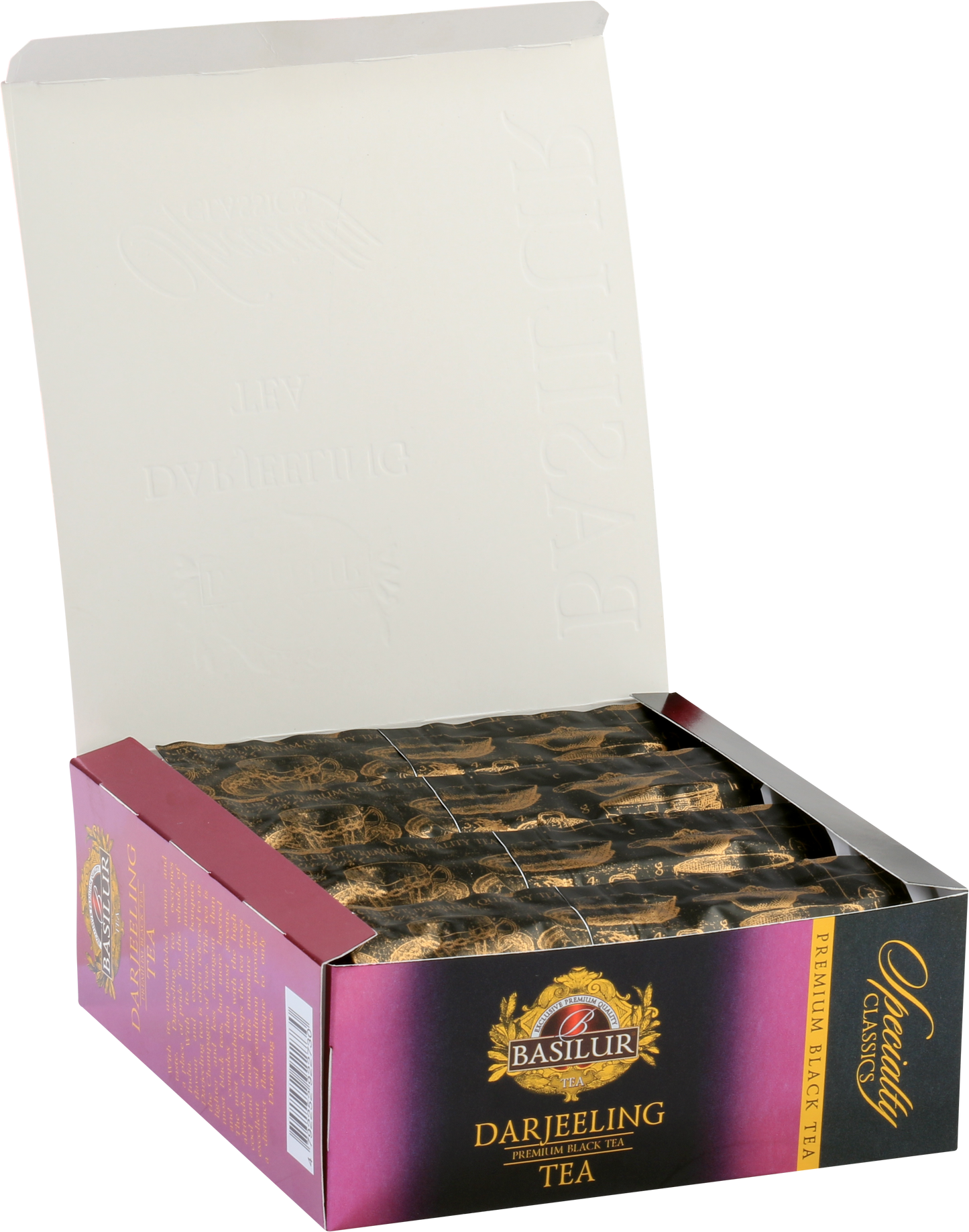 Otwarte pudełko Basilur Darjeeling – elegancko zapakowane torebki herbaty czarnej.