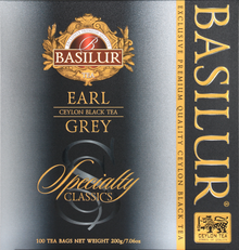Herbata Basilur Earl Grey – pudełko z kolekcji Specialty Classics w odcieniach srebra i czerni.