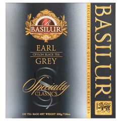 Herbata Basilur Earl Grey – pudełko z kolekcji Specialty Classics w odcieniach srebra i czerni.