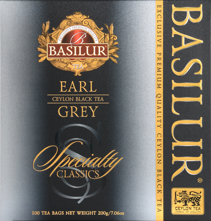 Herbata Basilur Earl Grey – pudełko z kolekcji Specialty Classics w odcieniach srebra i czerni.