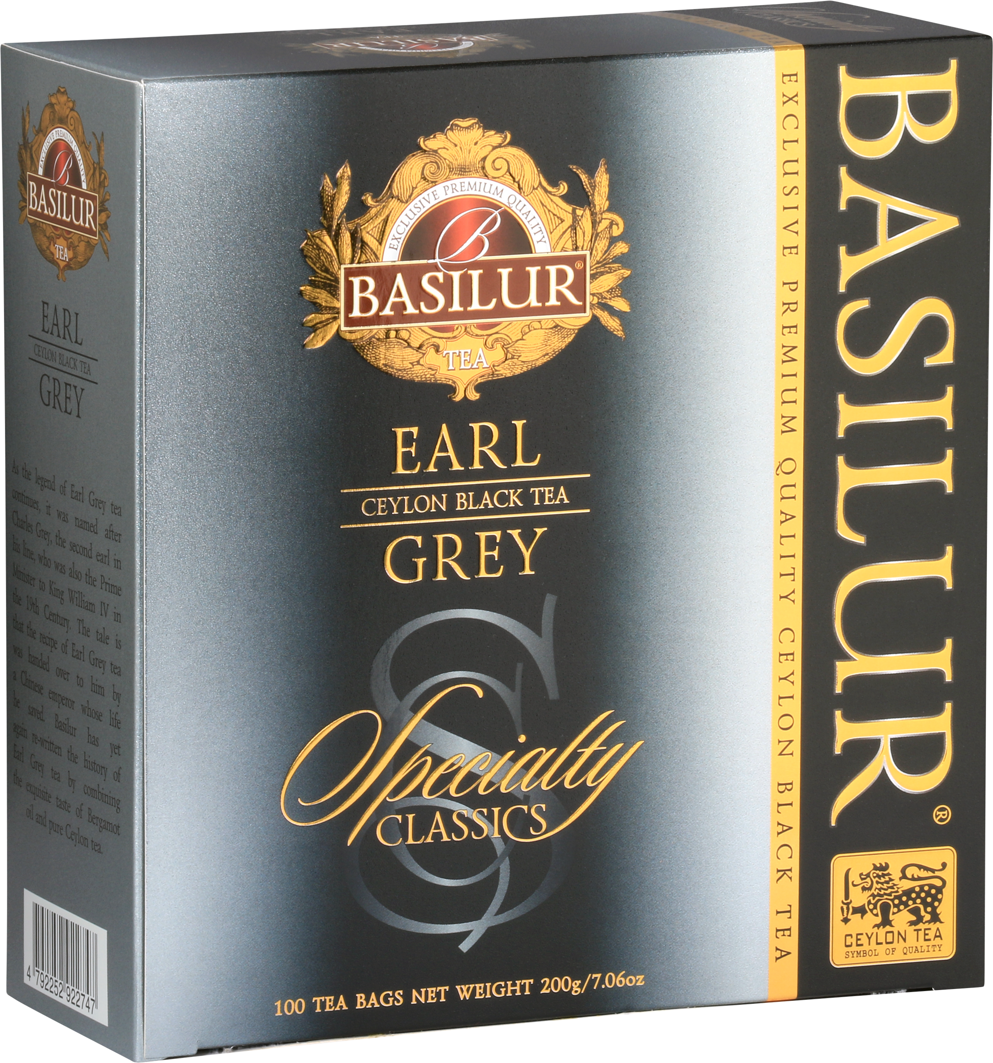 Przód opakowania Basilur Earl Grey – 100 torebek czarnej herbaty z aromatem bergamotki.