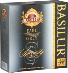 Przód opakowania Basilur Earl Grey – 100 torebek czarnej herbaty z aromatem bergamotki.