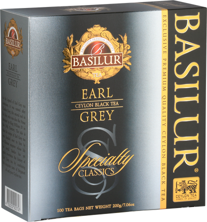 Przód opakowania Basilur Earl Grey – 100 torebek czarnej herbaty z aromatem bergamotki.