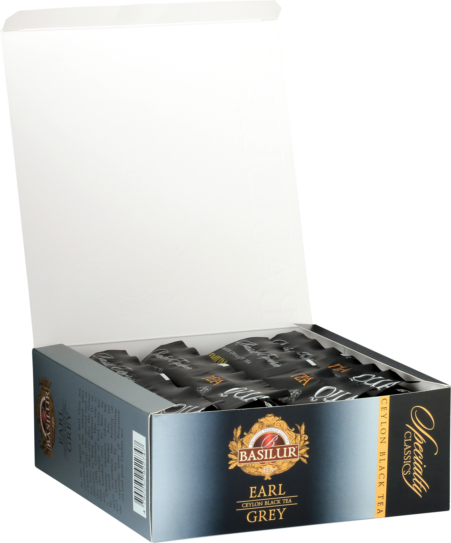 Otwarta paczka Basilur Earl Grey – koperty z herbatą w eleganckim opakowaniu.