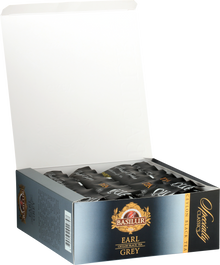 Otwarta paczka Basilur Earl Grey – koperty z herbatą w eleganckim opakowaniu.