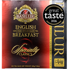 Herbata czarna Basilur Specialty Classics English Breakfast 100 torebek w kartonowym opakowaniu z oznaczeniem Great Taste 2026.