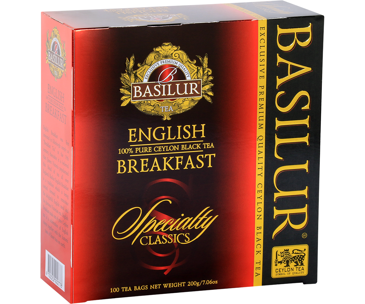 Herbata Basilur English Breakfast – eleganckie opakowanie w odcieniach czerwieni i czerni.