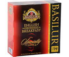 Herbata Basilur English Breakfast – eleganckie opakowanie w odcieniach czerwieni i czerni.