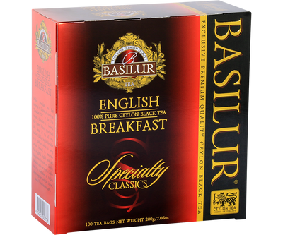 Herbata Basilur English Breakfast – eleganckie opakowanie w odcieniach czerwieni i czerni.