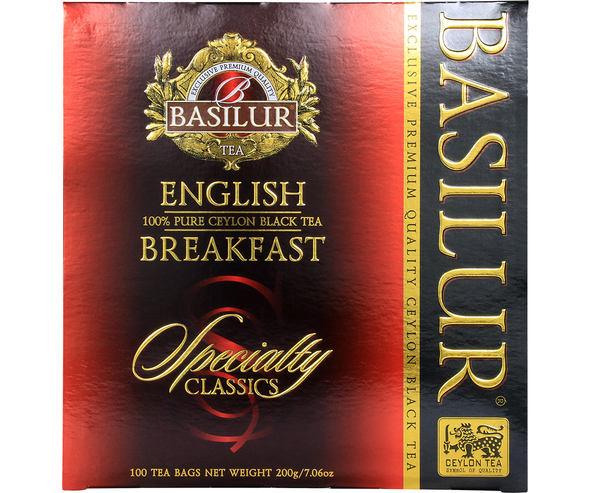 Przód opakowania Basilur English Breakfast – klasyczny design i logo Basilur Tea.