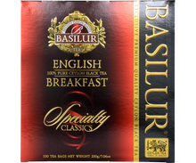 Przód opakowania Basilur English Breakfast – klasyczny design i logo Basilur Tea.