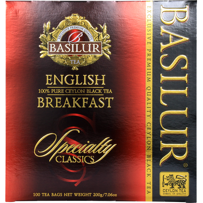Przód opakowania Basilur English Breakfast – klasyczny design i logo Basilur Tea.